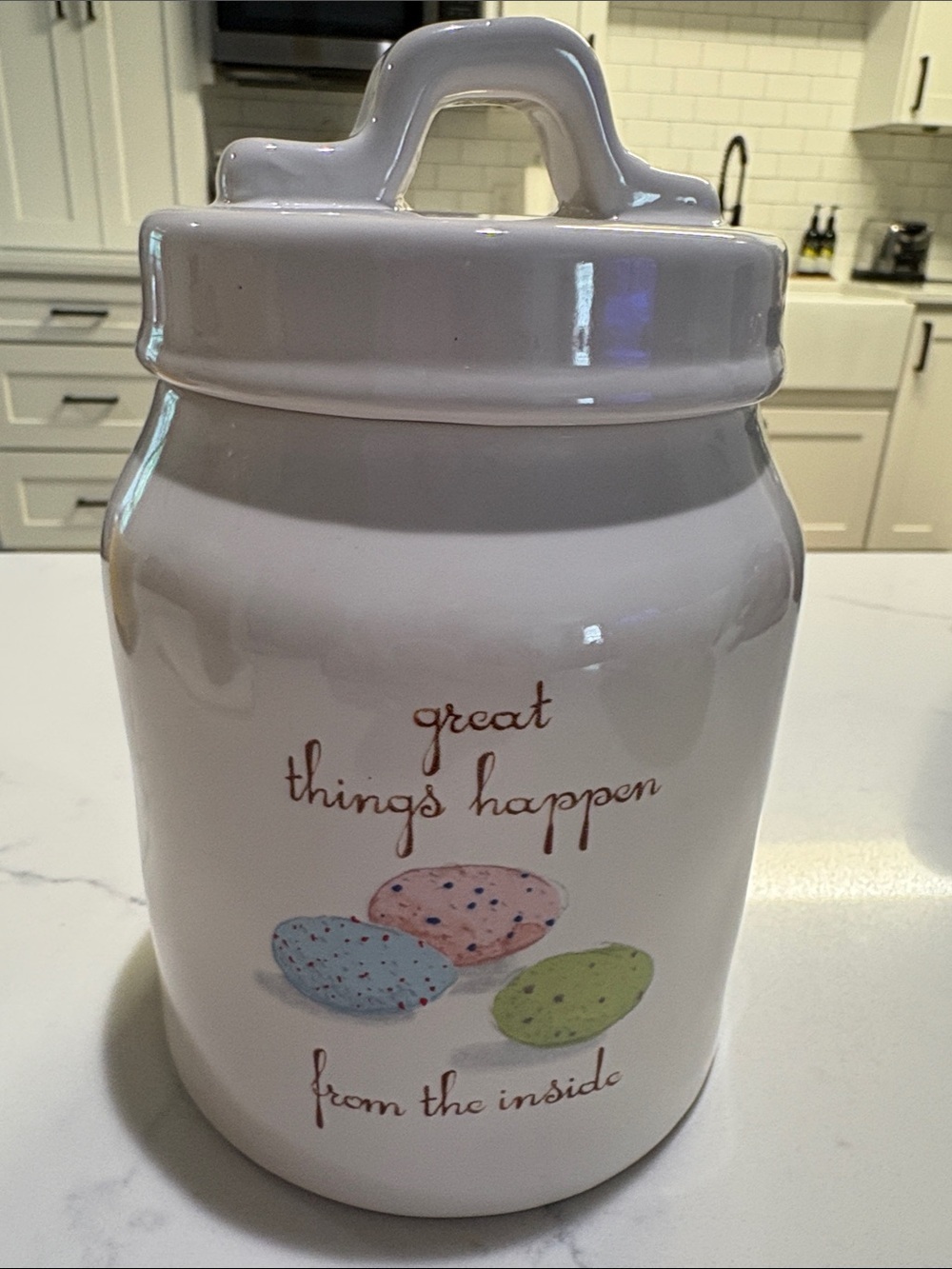 Rae Dunn White Ceramic Canister with Pastel CA Accents
